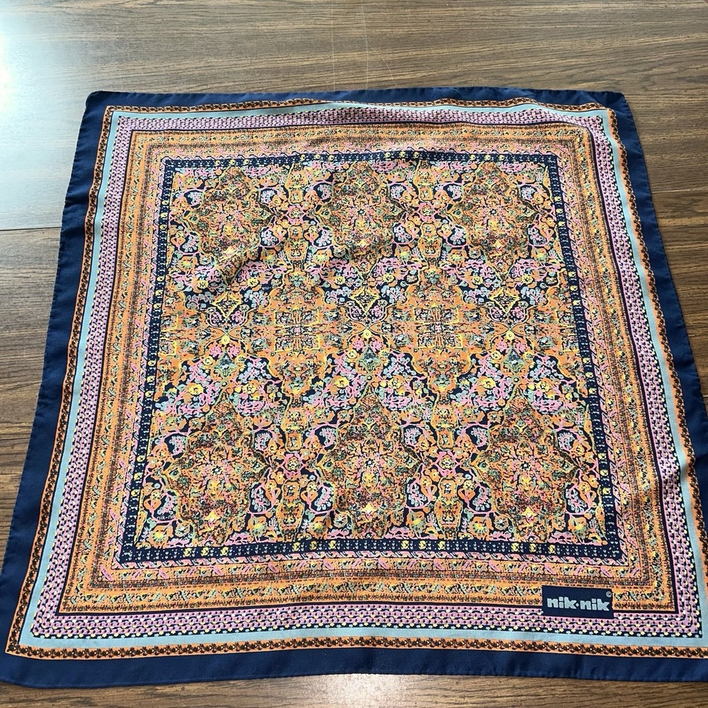 Vintage 70s Nik Nik Persian Carpet Print Square Scarf Navy Orange Square Bandana